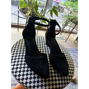 Eileen Fisher Black Suede Wedge Sandal, Size 7.5 — Ankle Strap, Block Wedge
